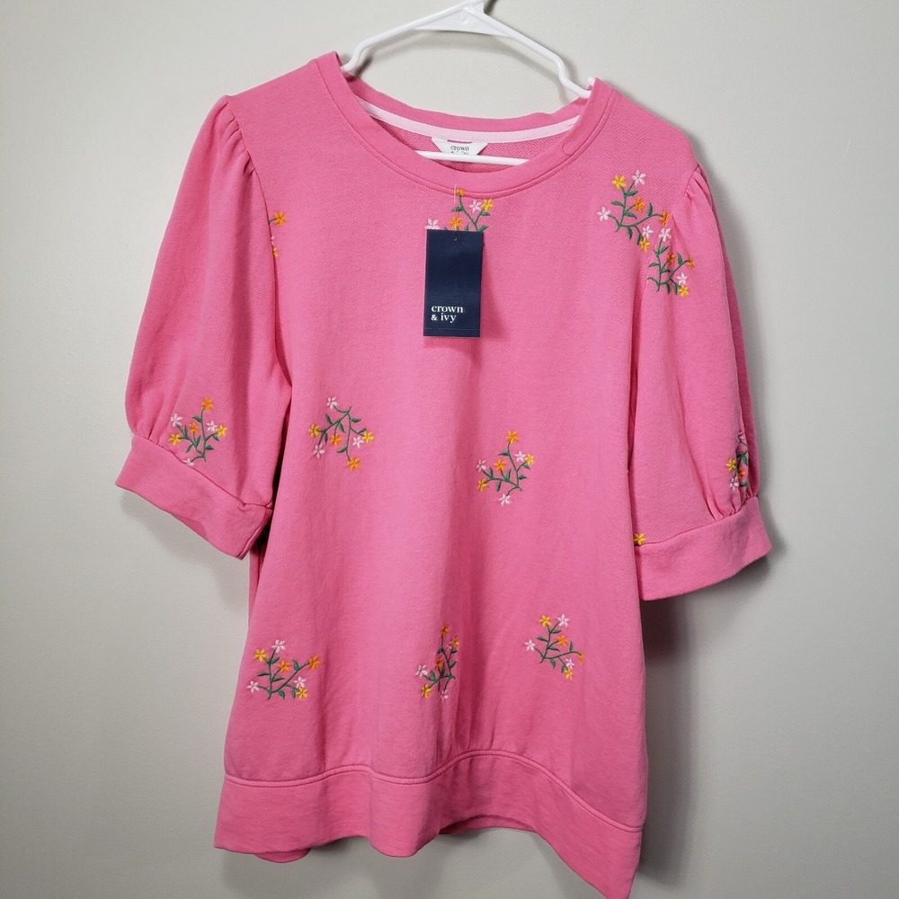 NWT Crown & Ivy Pink Floral Embroidered  Short Sleeve Knit Top Sz XL